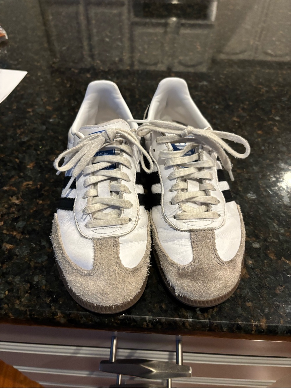 adidas Women's White Sneakers with Black Stripes and Tan Suede